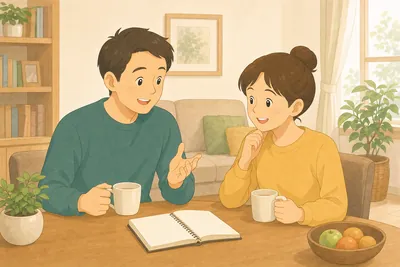 リビングで老後や年金について落ち着いて話し合う夫婦の様子