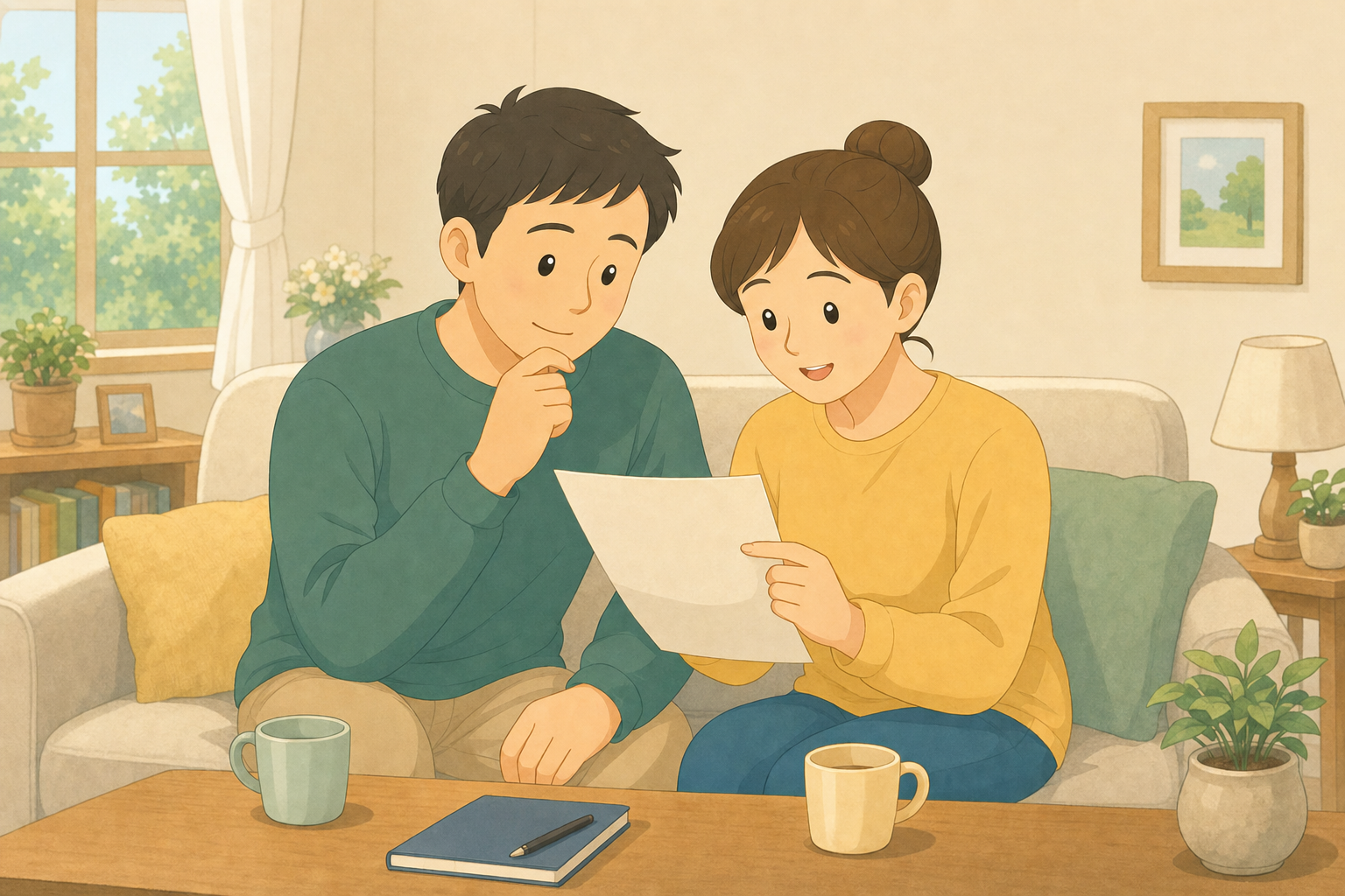 リビングで年金や老後の備えについて話し合う夫婦の様子