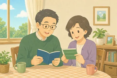 リビングで年金や老後の備えについて話し合う夫婦の様子
