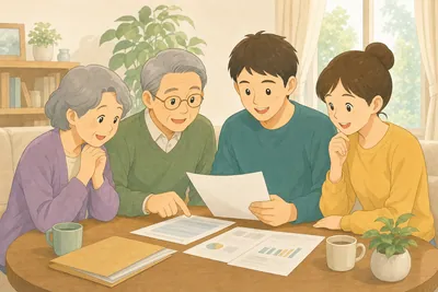 リビングで年金の書類を一緒に確認する家族の様子