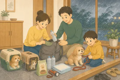 雨風の強い夕方の玄関で、両親が防災リュックに水を詰め、子どもが子犬のリードを持っている。床にはキャリーに入った犬と猫、フード、ペットシーツ、懐中電灯が並ぶ