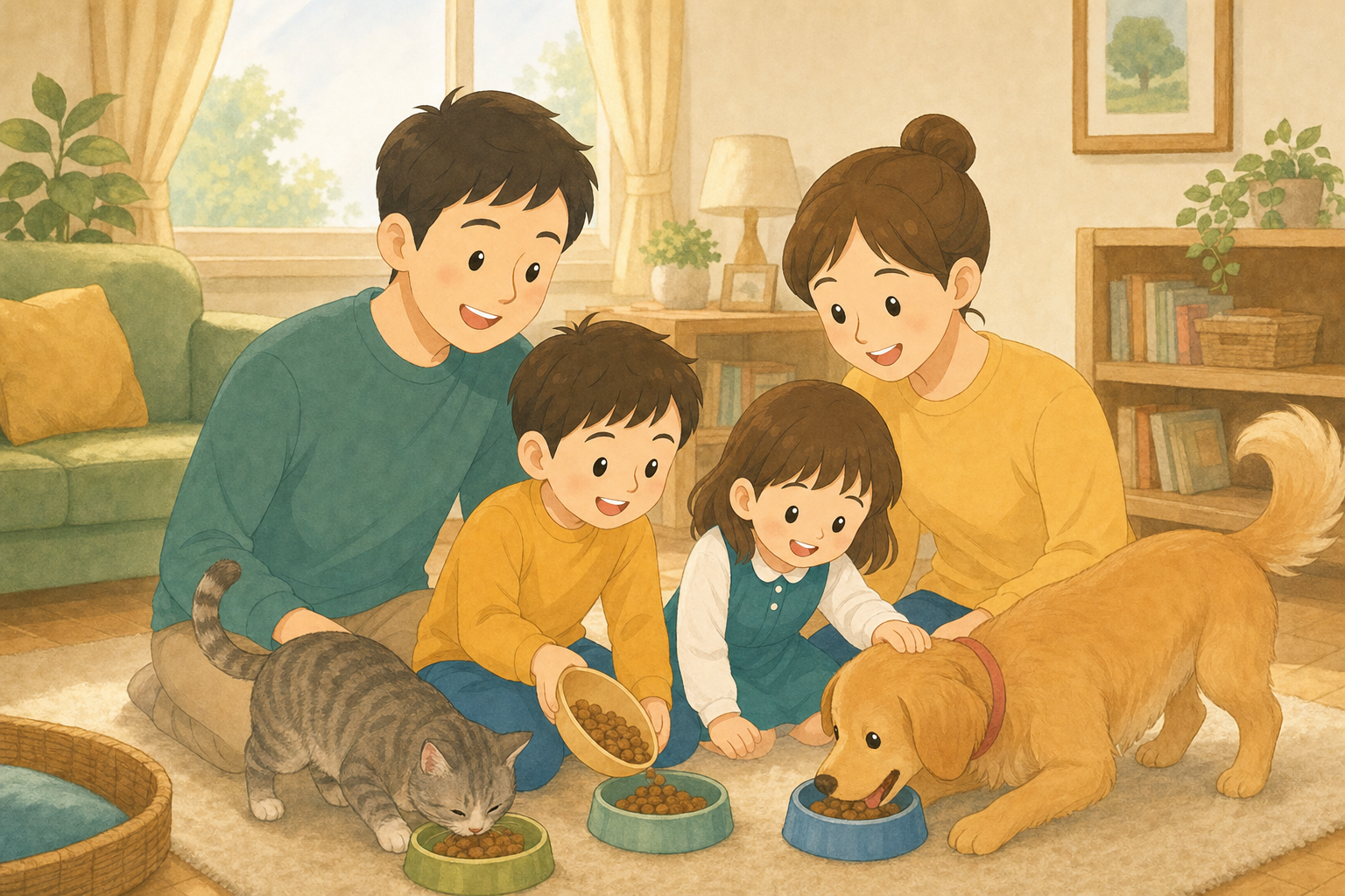 自宅でペットにごはんをあげる家族の様子