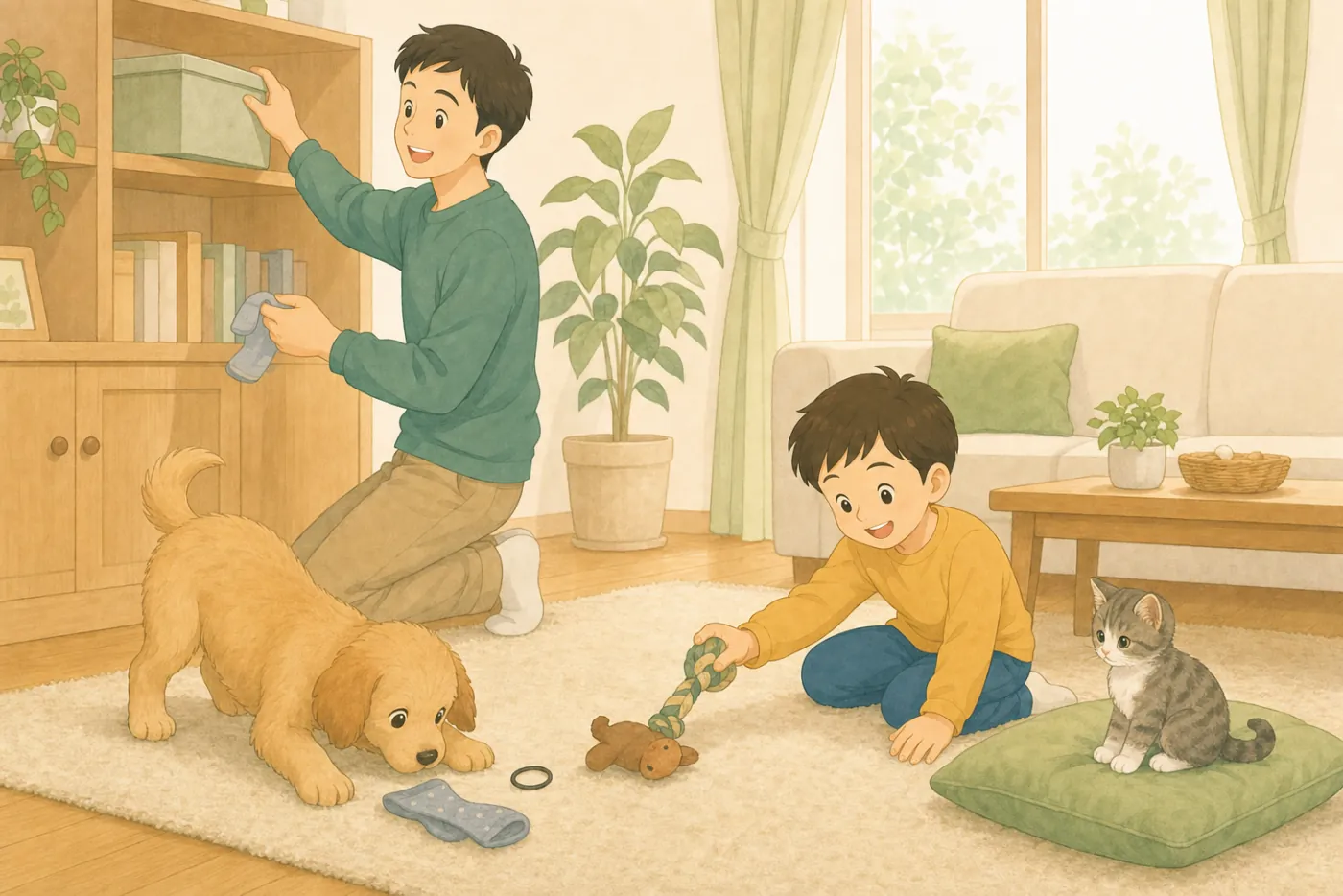 明るいリビングで、父親が床の靴下を拾って棚の上のふた付きの箱にしまい、男の子が子犬に噛むおもちゃを差し出している。クッションの上では子猫が様子を見ている