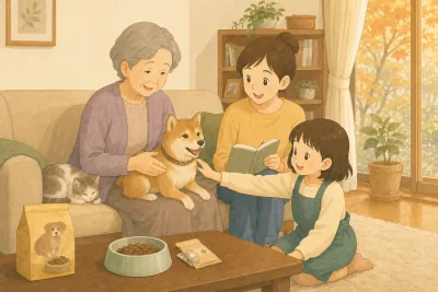 秋のリビングで、祖母が膝の柴犬をなで、娘がノートを開き、孫が犬に手を伸ばしている。ソファでは猫が丸くなっている
