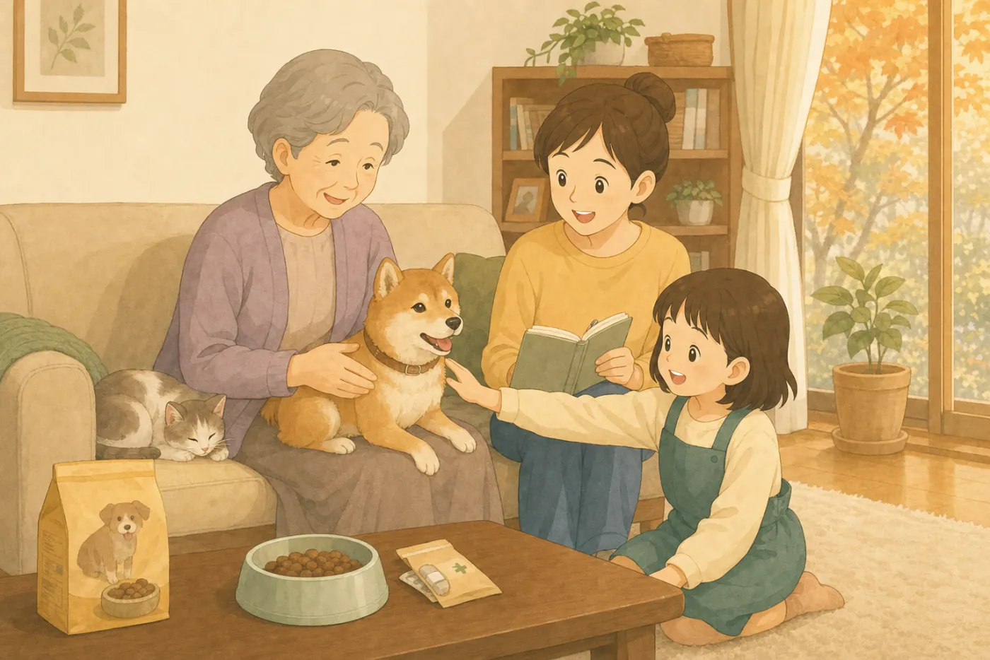 秋のリビングで、祖母が膝の柴犬をなで、娘がノートを開き、孫が犬に手を伸ばしている。ソファでは猫が丸くなっている