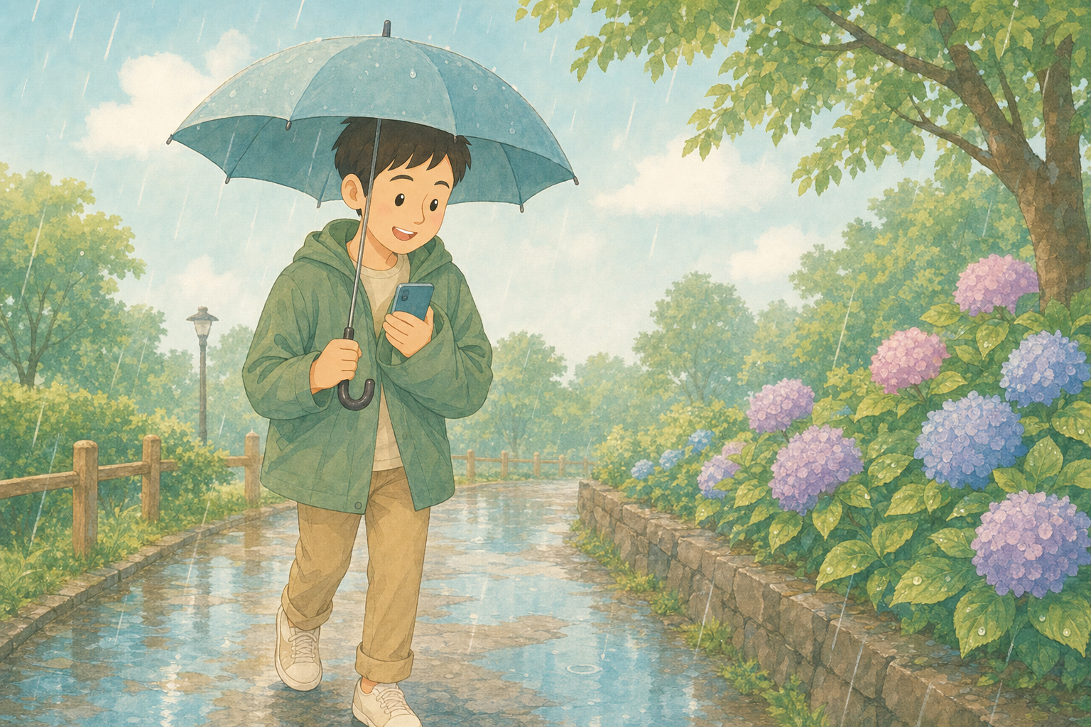 雨の日に傘をさしてスマホを大切に持つ様子