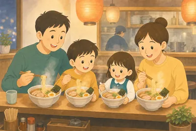 家族で楽しそうにラーメンを食べている様子