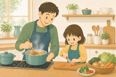 親子が家のキッチンで一緒に料理をしている様子