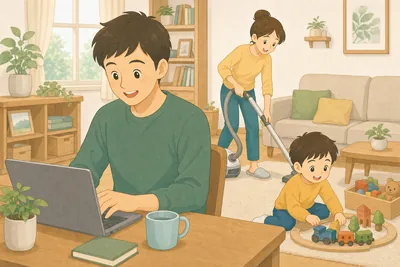 自宅で仕事をする親と、そばで過ごす家族の様子