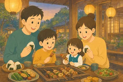 思い出のお店で家族が食事を楽しむ様子
