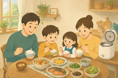 炊きたてのごはんを家族で囲む食卓の様子