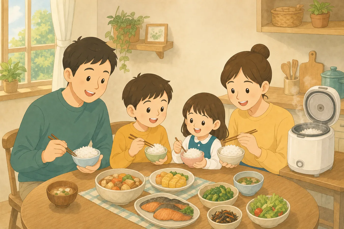 炊きたてのごはんを家族で囲む食卓の様子