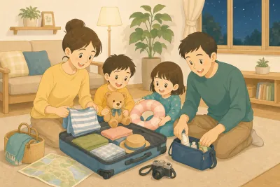 旅行の前の晩、リビングに広げたスーツケースに母親が子どもの服を詰め、父親が洗面道具をまとめ、子ども2人がぬいぐるみと浮き輪を入れている様子