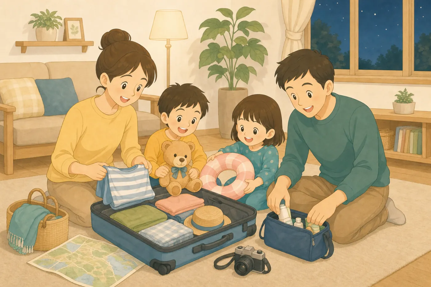 旅行の前の晩、リビングに広げたスーツケースに母親が子どもの服を詰め、父親が洗面道具をまとめ、子ども2人がぬいぐるみと浮き輪を入れている様子