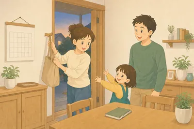 夕暮れの玄関で、仕事から帰った母親がバッグを掛け、娘が両手を広げて迎え、父親が笑顔で見ている。ダイニングテーブルにはノートが置かれ、壁にはカレンダーが掛かっている
