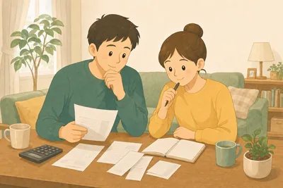 リビングのテーブルで給与明細や家計を一緒に確認する夫婦の様子