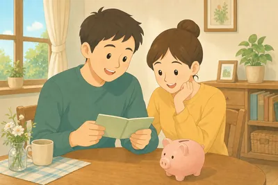 リビングで通帳を見ながら家計の貯蓄について話し合う夫婦の様子