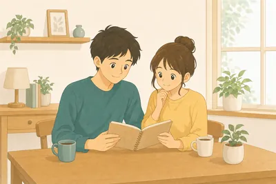 カップルが家計簿を一緒に確認している様子