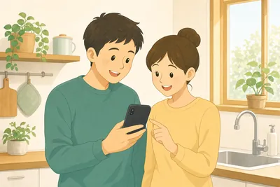 キッチンでスマートフォンを見ながら予定を確認する夫婦