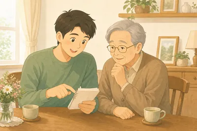 テーブルで書類を見ながら話し合う親子