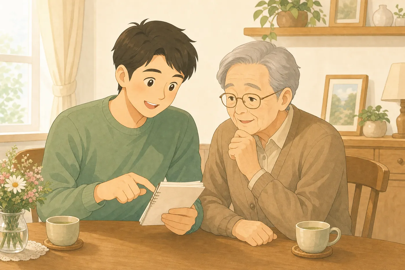 テーブルで書類を見ながら話し合う親子