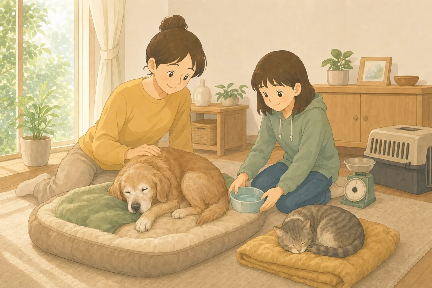 午後の日差しが入るリビングで、口元が白くなった老犬をクッションの上で母親がなで、娘が水の器を差し出している。そばでは年を重ねた猫が毛布の上で眠っている
