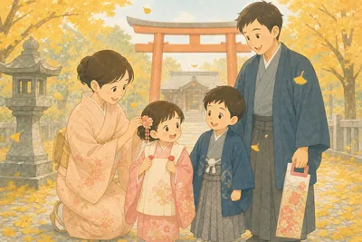 いちょうの葉が敷き詰められた神社の参道で、着物姿の母親が七五三の晴れ着を着た女の子の髪飾りを直し、袴姿の男の子と千歳飴の袋を持つ父親が見守っている様子