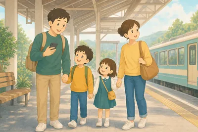 駅のホームで電車の案内表示を見ながら待つ家族の様子