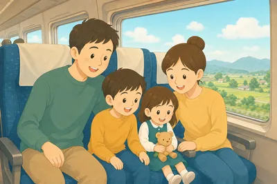 新幹線のゆったりした座席で快適に過ごす家族の様子