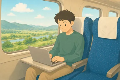 新幹線の座席で静かにくつろぎながら過ごす様子