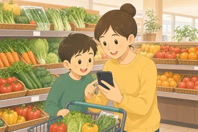 スーパーで買い物リストを確認する母親と子ども