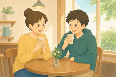 カフェのテーブルで温かい飲み物を前に、楽しそうにひとときを過ごす親子の様子