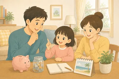 リビングのテーブルでボーナスの使い道を一緒に話し合う家族の様子