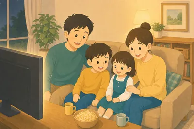 リビングのソファで家族みんなでテレビドラマを楽しむ様子