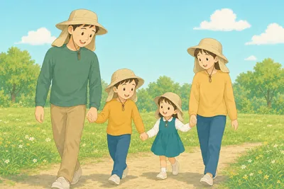 つば広の帽子で日よけをして夏のお出かけを楽しむ様子
