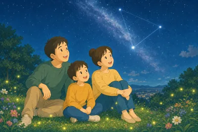 夏の夜空に流れる天の川と夏の大三角を、庭先で一緒に見上げる家族の様子