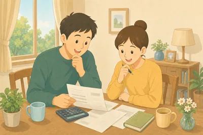 リビングで家計や制度の資料を見ながら話し合う家族の様子