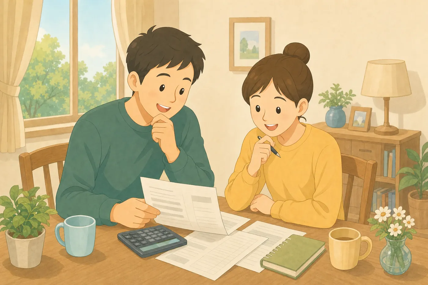 リビングで家計や制度の資料を見ながら話し合う家族の様子