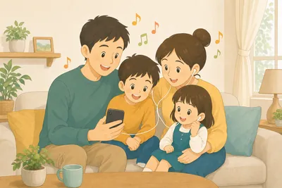 リビングで親子が一緒にスマホやテレビで音楽を楽しむ様子