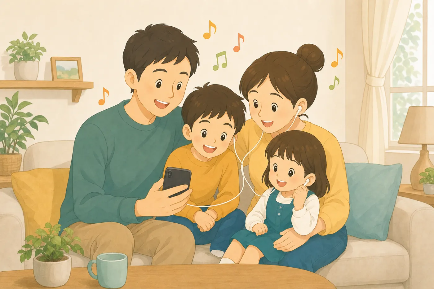 リビングで親子が一緒にスマホやテレビで音楽を楽しむ様子