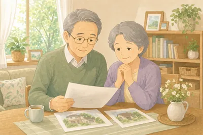リビングで安心した表情で住まいの書類を確認する年配の夫婦の様子