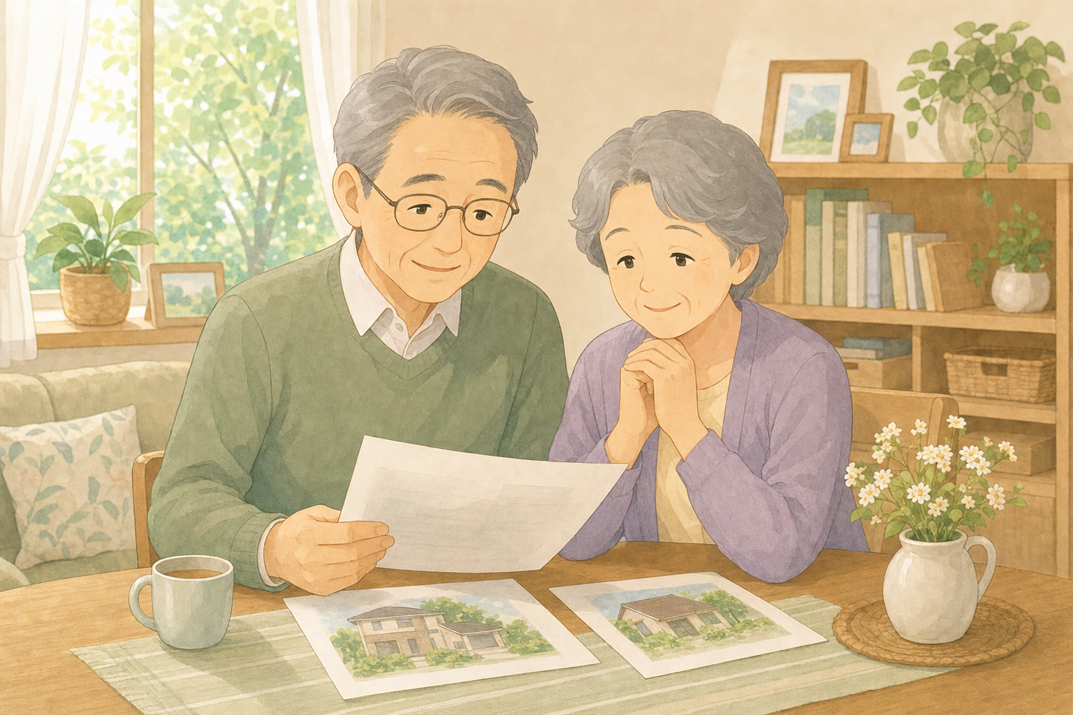 リビングで安心した表情で住まいの書類を確認する年配の夫婦の様子