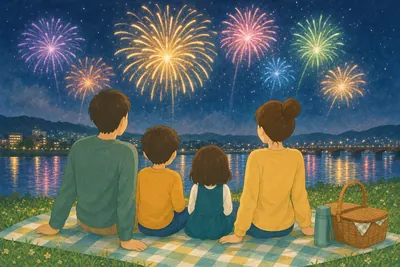 夜空に大きな花火が上がるのを河川敷で見上げる家族の様子