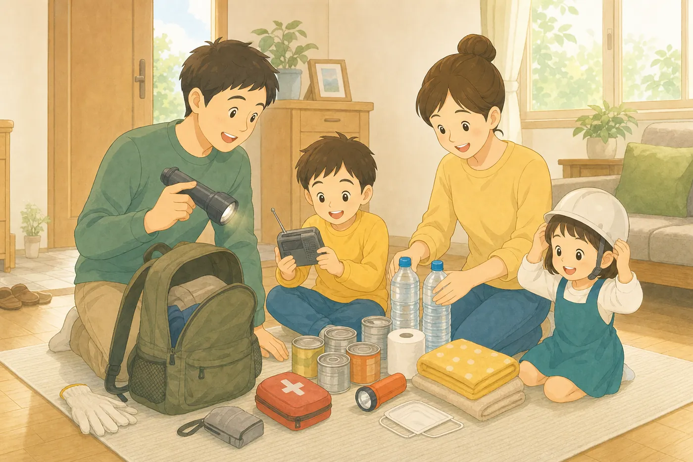 週末の明るいリビングで、父親が懐中電灯を確かめ、男の子が携帯ラジオを手に取り、母親が水のペットボトルや缶詰を並べ、小さな女の子がヘルメットをかぶっている様子