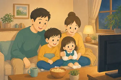 リビングで家族一緒にテレビドラマを楽しむ様子
