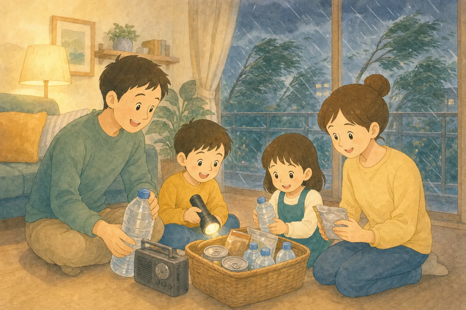 台風の夕方、窓の外が荒れるリビングで家族が懐中電灯や水をかごにまとめている様子