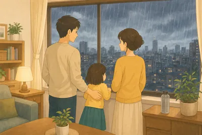 雨の降る街並みを家族で窓越しに眺める様子