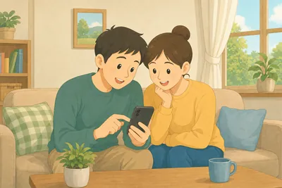 スマートフォンで住まいの物件情報を見ながら話し合う家族の様子
