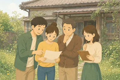 実家の空き家の庭や管理の書類を前に家族で相談する様子