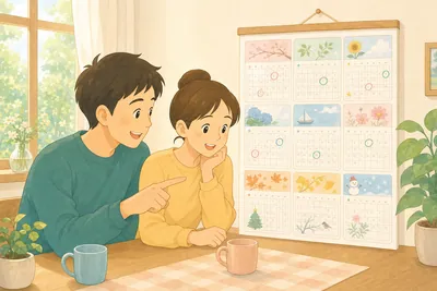 家族でカレンダーを広げながら休暇の計画を立てている様子